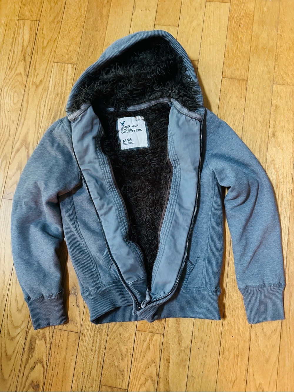 American Eagle Womens Y2K Faux Fur Lined Gray Full Zip Hooded Sweatshirt Sz M